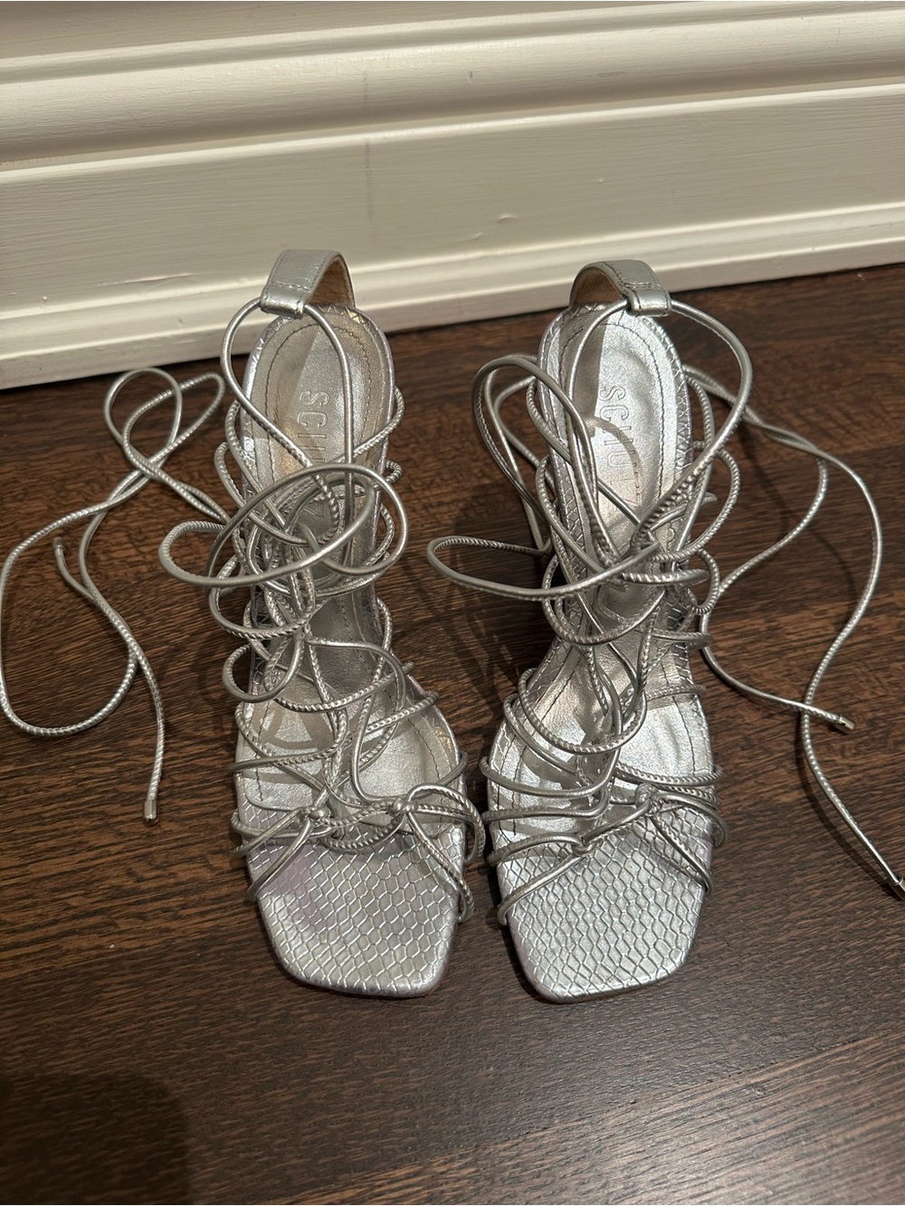 Schutz Silver Lace-Up Strappy Heels - Women